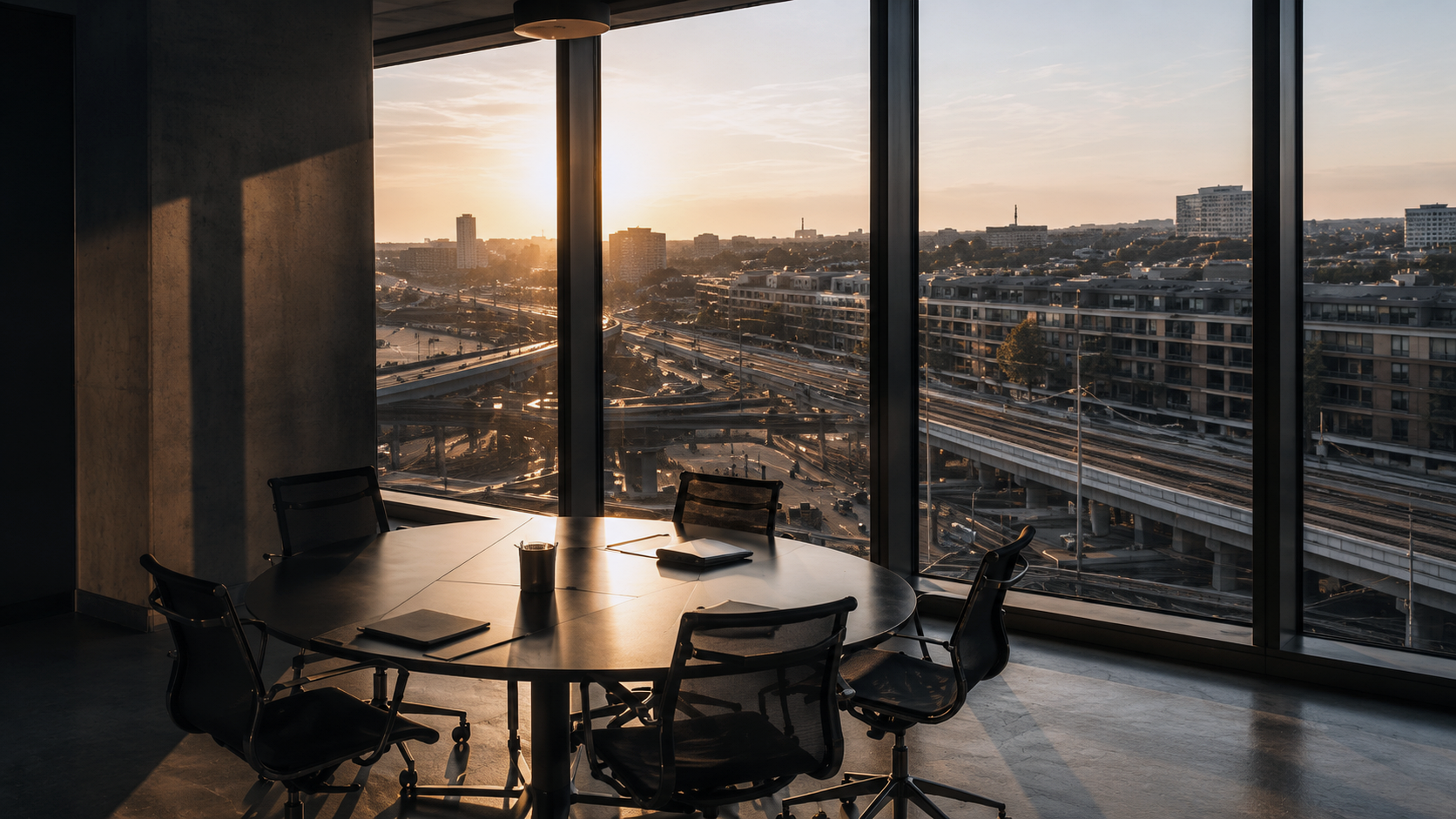 Calm meeting room overlooking urban infrastructure — the start of a serious conversation