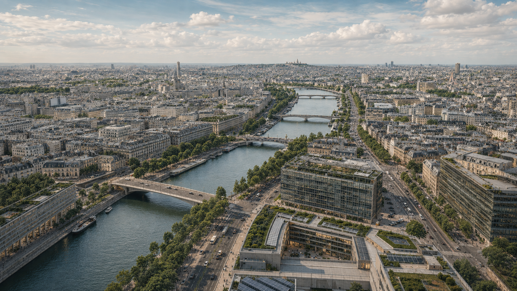 Daylight aerial view of a European city and its urban mobility network.