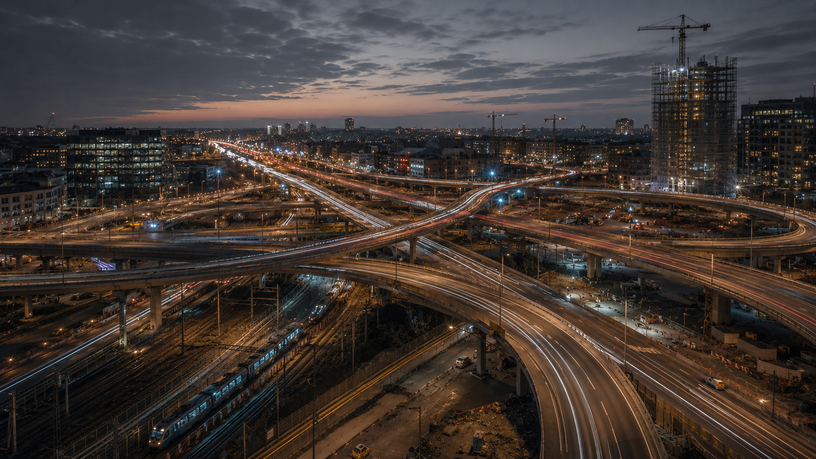 Multi-level motorway and rail interchange at dusk — overlapping infrastructure, operations, movement and construction